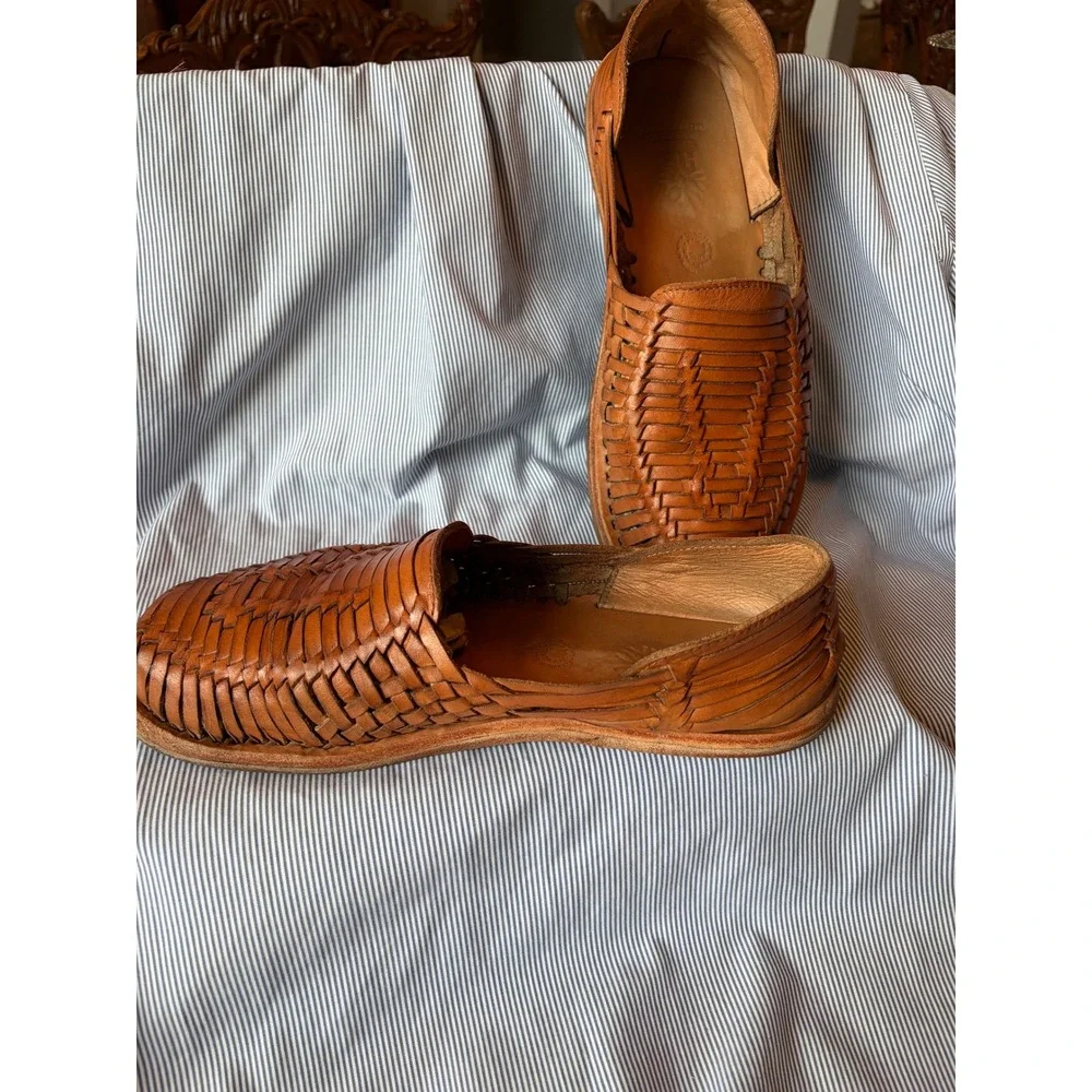 EH Handcrafted in Mexico Leather Huaraches Woven Tan Brown Slip On Sandals 41